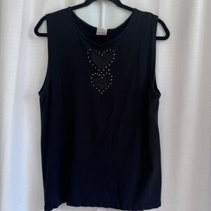Von Saken Black Sleeveless Knit Top Sheer Hearts Rhinestone Accent Tank Blouse‎